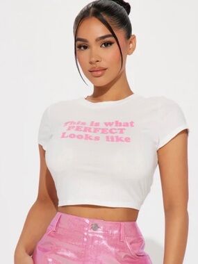 Fashion Nova White Crop Tee with Black Logo Tag